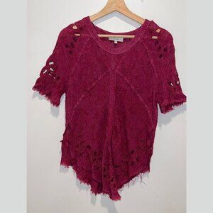 IRO Burbundy Lace Cotton Blend Round Neck Cut Out Blouse Women’s Size 6
